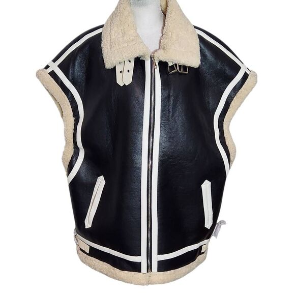 Azalea Wang Oversized Black Faux Leather Vest with Sherpa Lining NWOT One Size - Picture 1 of 12